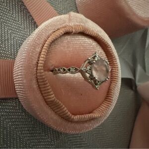 Rose Quartz, Diamonds, and White Gold Art Deco Engagement Ring